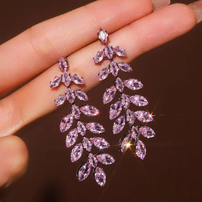2pcs fashionable and high-end long tassel full diamond leaf earrings