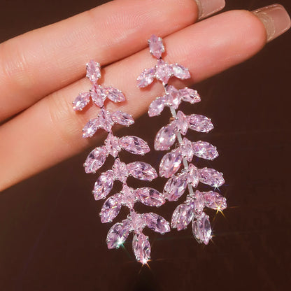 2pcs fashionable and high-end long tassel full diamond leaf earrings