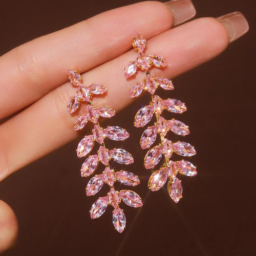 2pcs fashionable and high-end long tassel full diamond leaf earrings